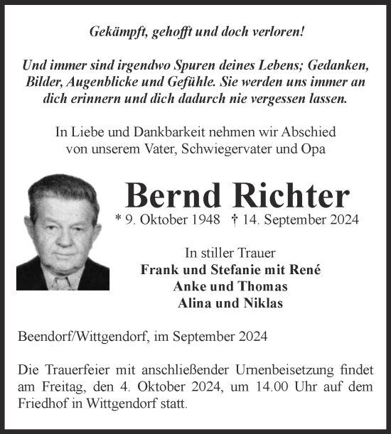 Traueranzeige von Bernd Richter von Volksstimme Haldensleben/Wolmirstedt