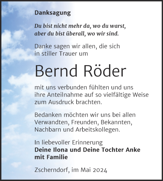 Traueranzeige von Bernd Röder von Trauerkombi Bitterfeld