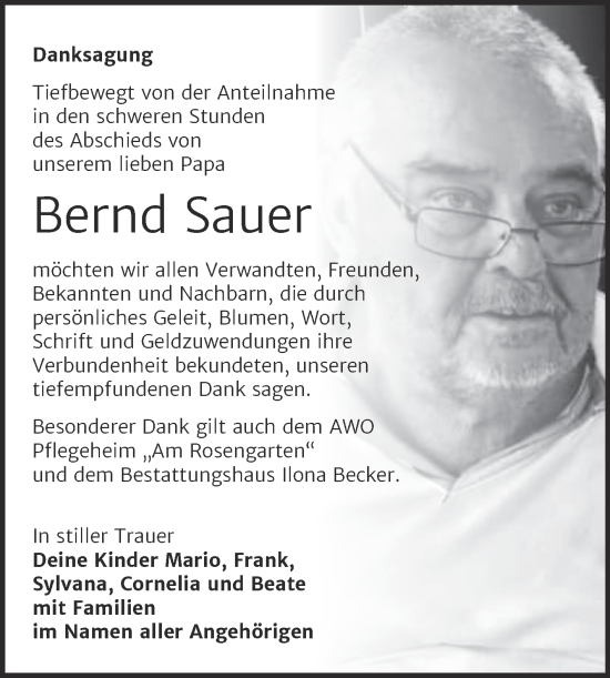 Traueranzeige von Bernd Sauer von Trauerkombi Sangerhausen