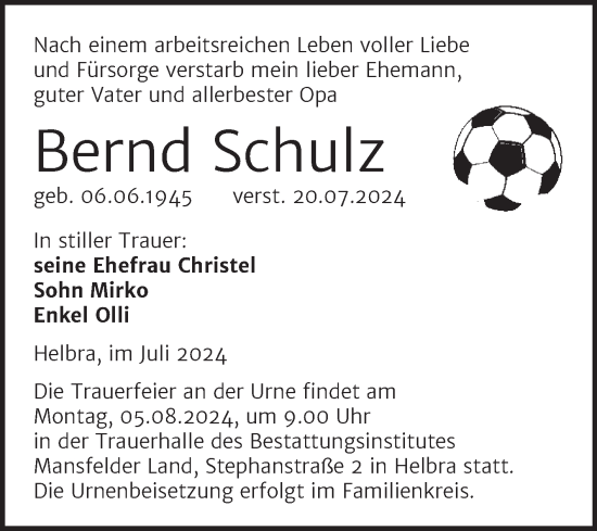 Traueranzeige von Bernd Schulz von Trauerkombi Mansfelder Land