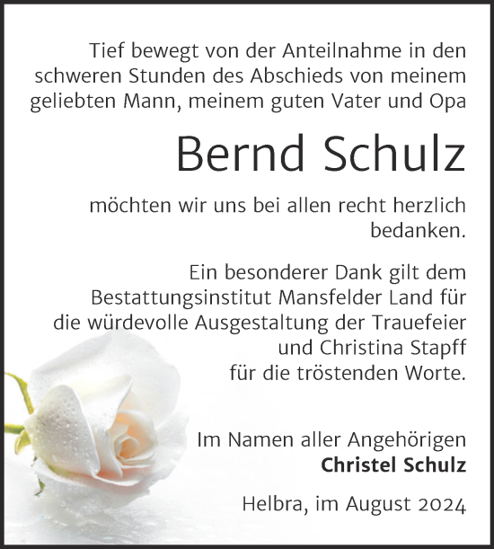 Traueranzeige von Bernd Schulz von Trauerkombi Mansfelder Land