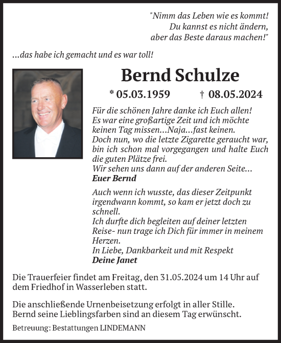 Traueranzeige von Bernd Schulze von Volksstimme Wernigerode