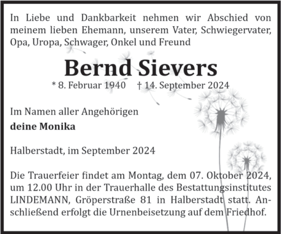 Traueranzeige von Bernd Sievers von Volksstimme Halberstadt