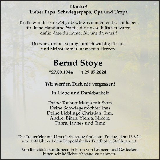 Traueranzeige von Bernd Stoye 