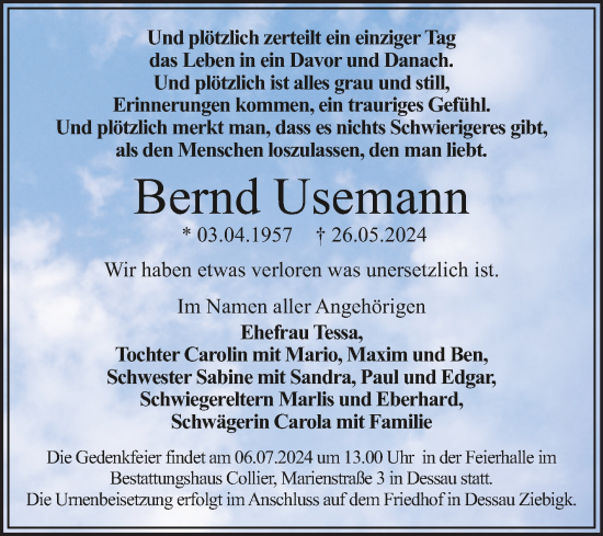 Traueranzeige von Bernd Usemann von Trauerkombi Dessau