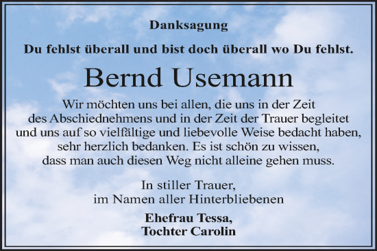 Traueranzeige von Bernd Usemann von Trauerkombi Dessau