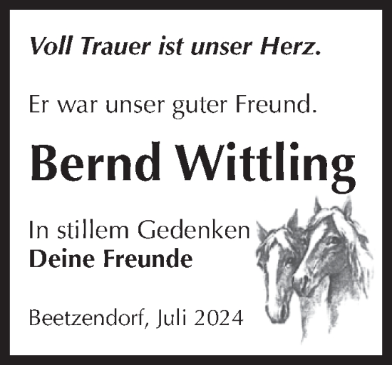 Traueranzeige von Bernd Wittling von Volksstimme Altmark West