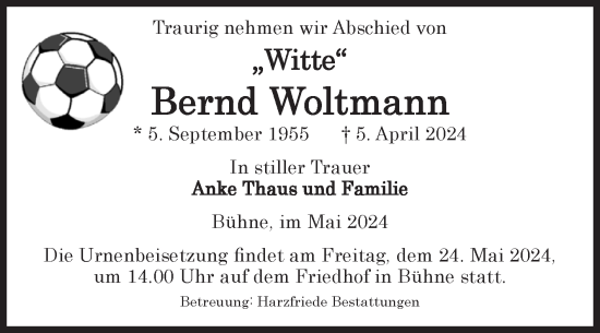 Traueranzeige von Bernd Woltmann von Volksstimme Halberstadt
