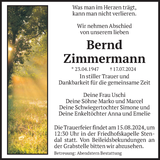 Traueranzeige von Bernd  Zimmermann von Volksstimme Altmark Ost