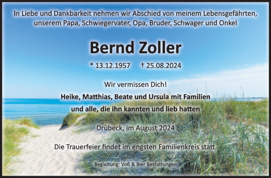 Traueranzeige von Bernd Zoller von Volksstimme Wernigerode