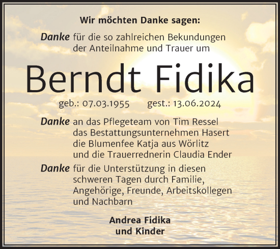 Traueranzeige von Berndt Fidika von Trauerkombi Wittenberg