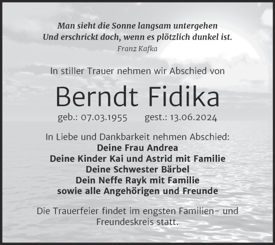 Traueranzeige von Berndt Fidika von Trauerkombi Wittenberg