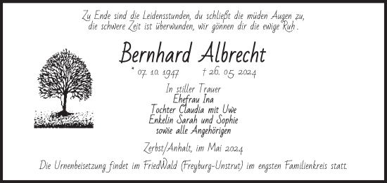 Traueranzeige von Bernhard Albrecht von Volksstimme Zerbst