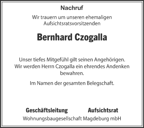 Traueranzeige von Bernhard Czogalla von Volksstimme Magdeburg