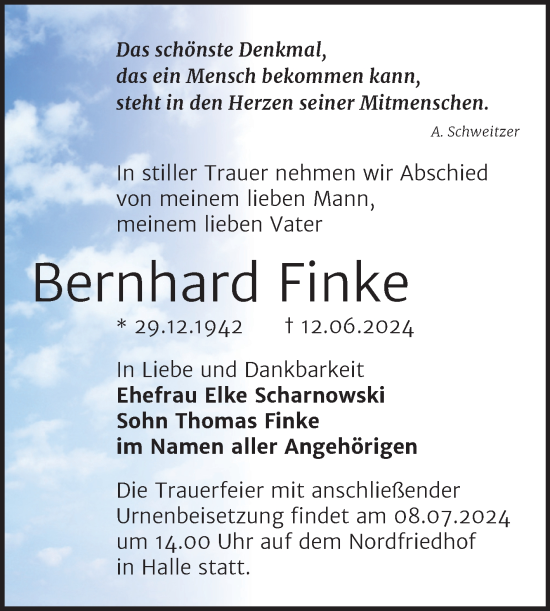 Traueranzeige von Bernhard Finke von Mitteldeutsche Zeitung Halle/Saalkreis