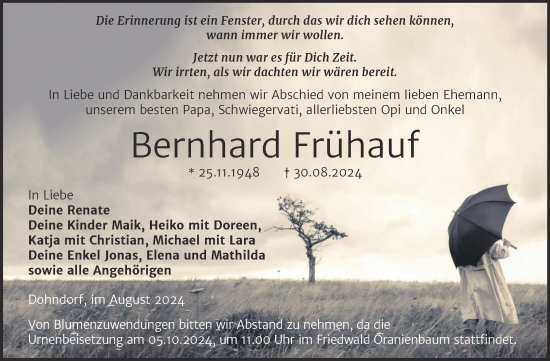 Traueranzeige von Bernhard Frühauf von Trauerkombi Köthen