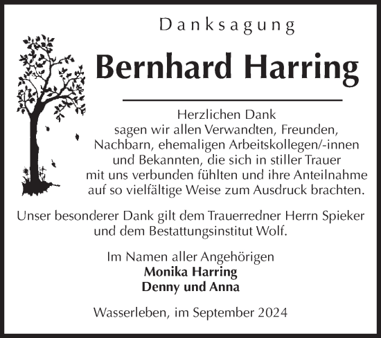 Traueranzeige von Bernhard Harring von Volksstimme Wernigerode