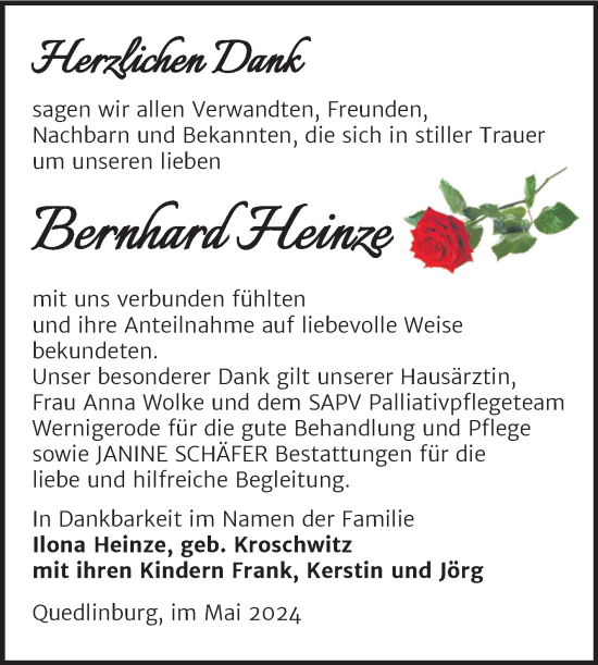 Traueranzeige von Bernhard Heinze von Trauerkombi Quedlinburg