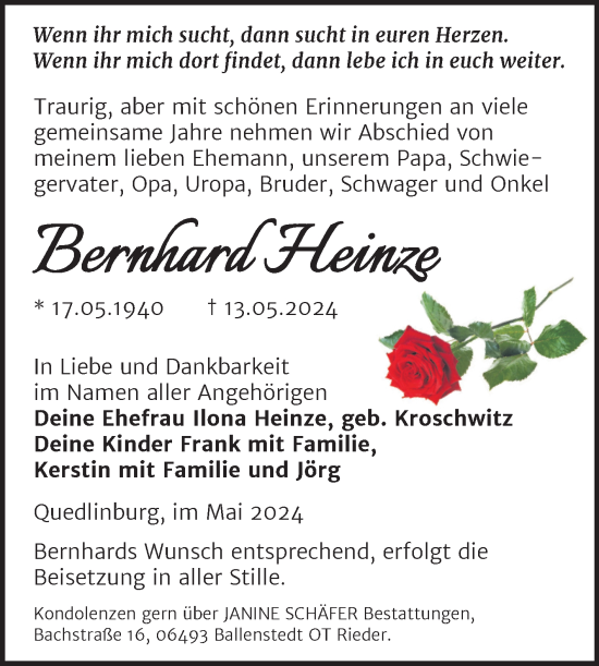 Traueranzeige von Bernhard Heinze von Trauerkombi Quedlinburg
