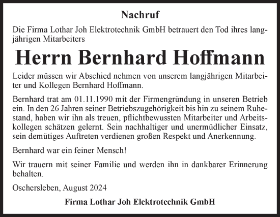 Traueranzeige von Bernhard Hoffmann von Volksstimme Oschersleben/Wanzleben