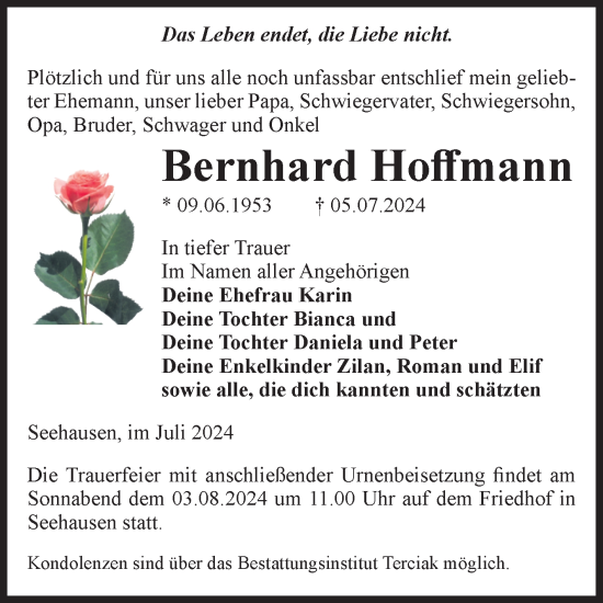 Traueranzeige von Bernhard Hoffmann von Volksstimme Oschersleben/Wanzleben