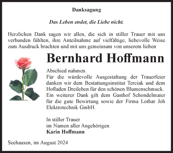 Traueranzeige von Bernhard Hoffmann von Volksstimme Oschersleben/Wanzleben