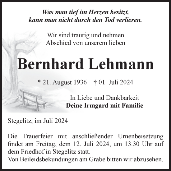 Traueranzeige von Bernhard Lehmann von Volksstimme Burg/Genthin