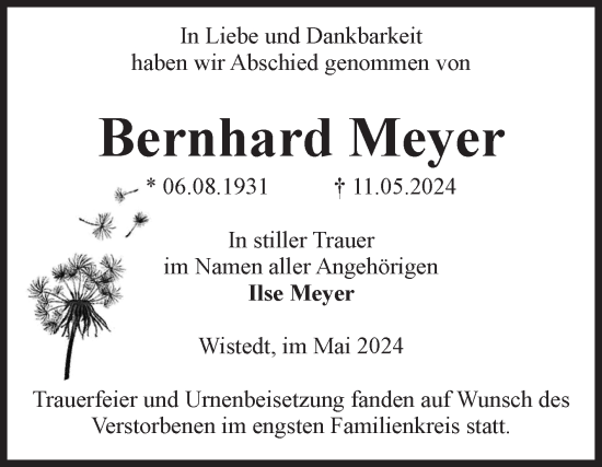 Traueranzeige von Bernhard Meyer von Volksstimme Altmark West