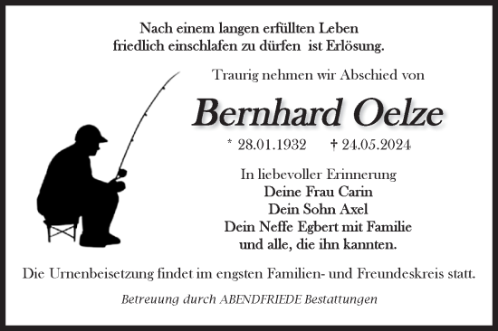Traueranzeige von Bernhard Oelze von Volksstimme Haldensleben/Wolmirstedt