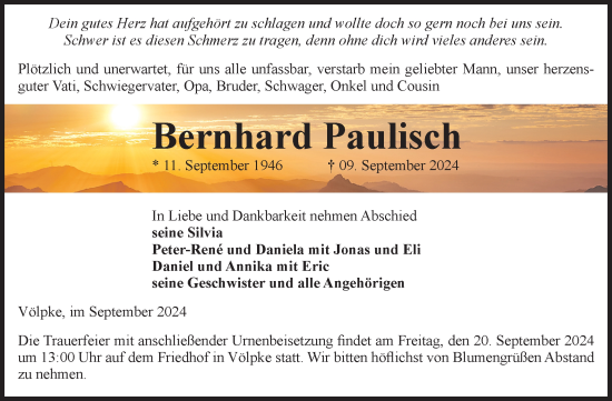 Traueranzeige von Bernhard Paulisch von Volksstimme Oschersleben/Wanzleben