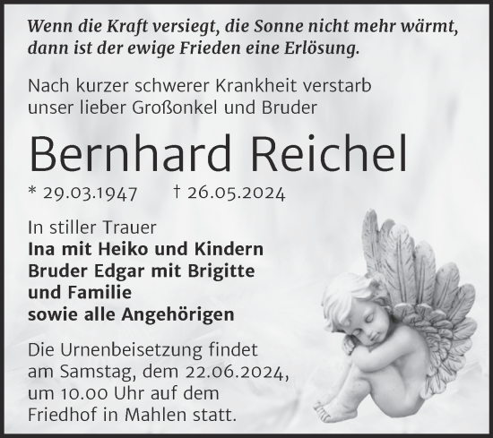 Traueranzeige von Bernhard Reichel von Trauerkombi Zeitz