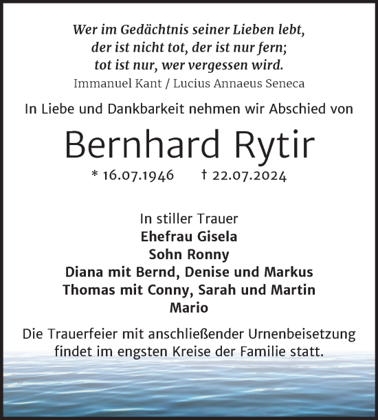 Traueranzeige von Bernhard Rytir von Trauerkombi Bernburg