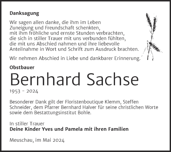 Traueranzeige von Bernhard Sachse von Trauerkombi Merseburg