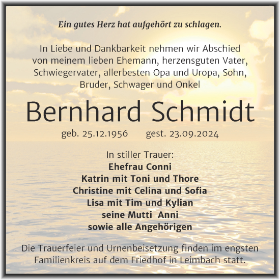 Traueranzeige von Bernhard Schmidt von Trauerkombi Mansfelder Land