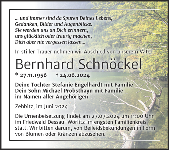 Traueranzeige von Bernhard Schnöckel von Trauerkombi Köthen