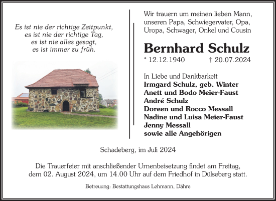 Traueranzeige von Bernhard Schulz von Volksstimme Altmark West