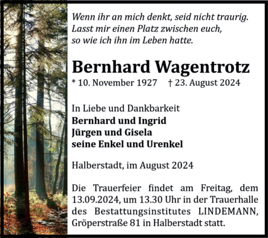 Traueranzeige von Bernhard Wagentrotz von Volksstimme Halberstadt