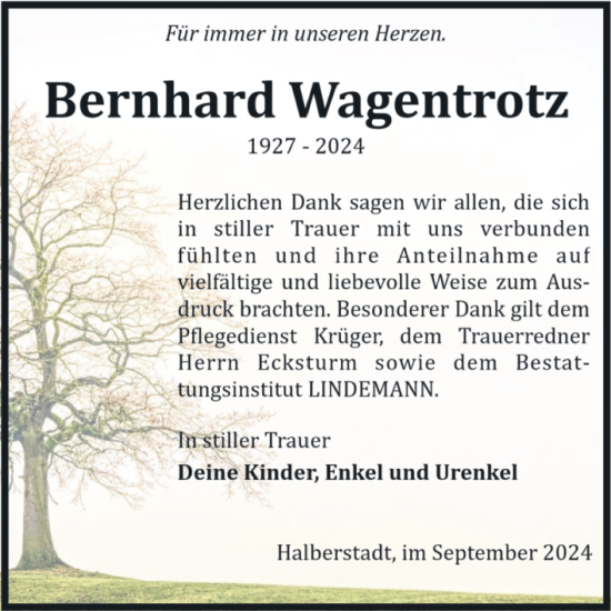 Traueranzeige von Bernhard Wagentrotz von Volksstimme Halberstadt