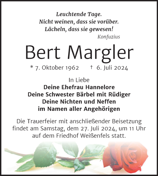 Traueranzeige von Bert Margler von Trauerkombi Weißenfels