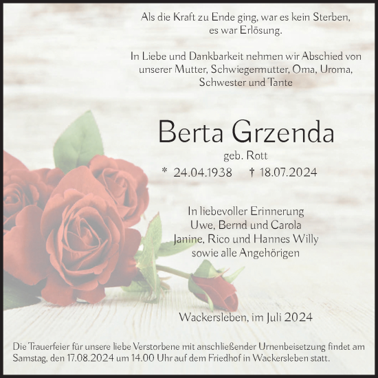 Traueranzeige von Berta Grzenda von Volksstimme Oschersleben/Wanzleben
