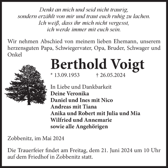 Traueranzeige von Berthold Voigt von Volksstimme Haldensleben/Wolmirstedt