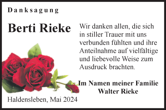 Traueranzeige von Berti Rieke von Volksstimme Haldensleben/Wolmirstedt