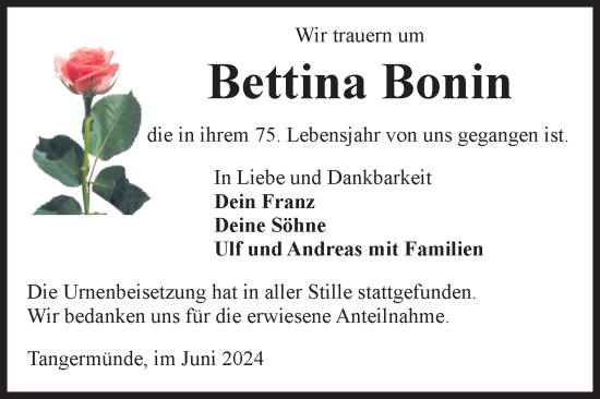 Traueranzeige von Bettina Bonin von Volksstimme Altmark Ost