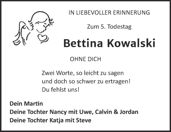 Traueranzeige von Bettina Kowalski von Super Sonntag Köthen