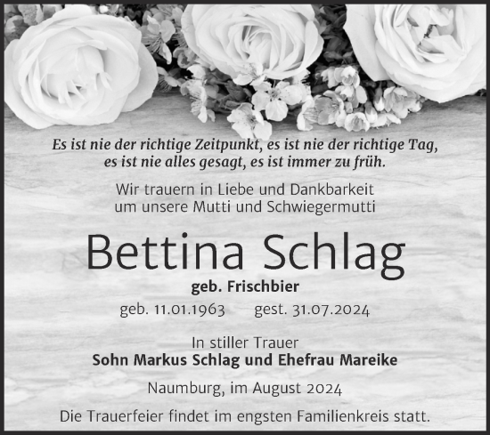 Traueranzeige von Bettina Schlag von Super Sonntag Naumburg/Nebra