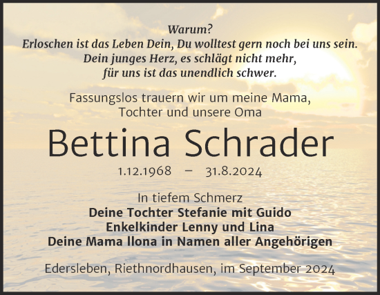 Traueranzeige von Bettina Schrader von Trauerkombi Sangerhausen