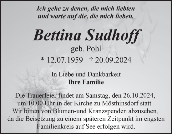 Traueranzeige von Bettina Sudhoff von Mitteldeutsche Zeitung Halle/Saalkreis