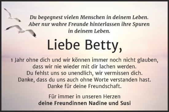 Traueranzeige von Betty  von Trauerkombi Zeitz