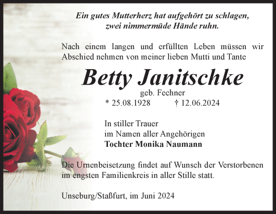 Traueranzeige von Betty Janitschke von Volksstimme Staßfurt