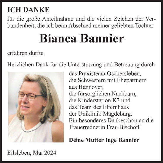 Traueranzeige von Bianca Bannier von Volksstimme Oschersleben/Wanzleben